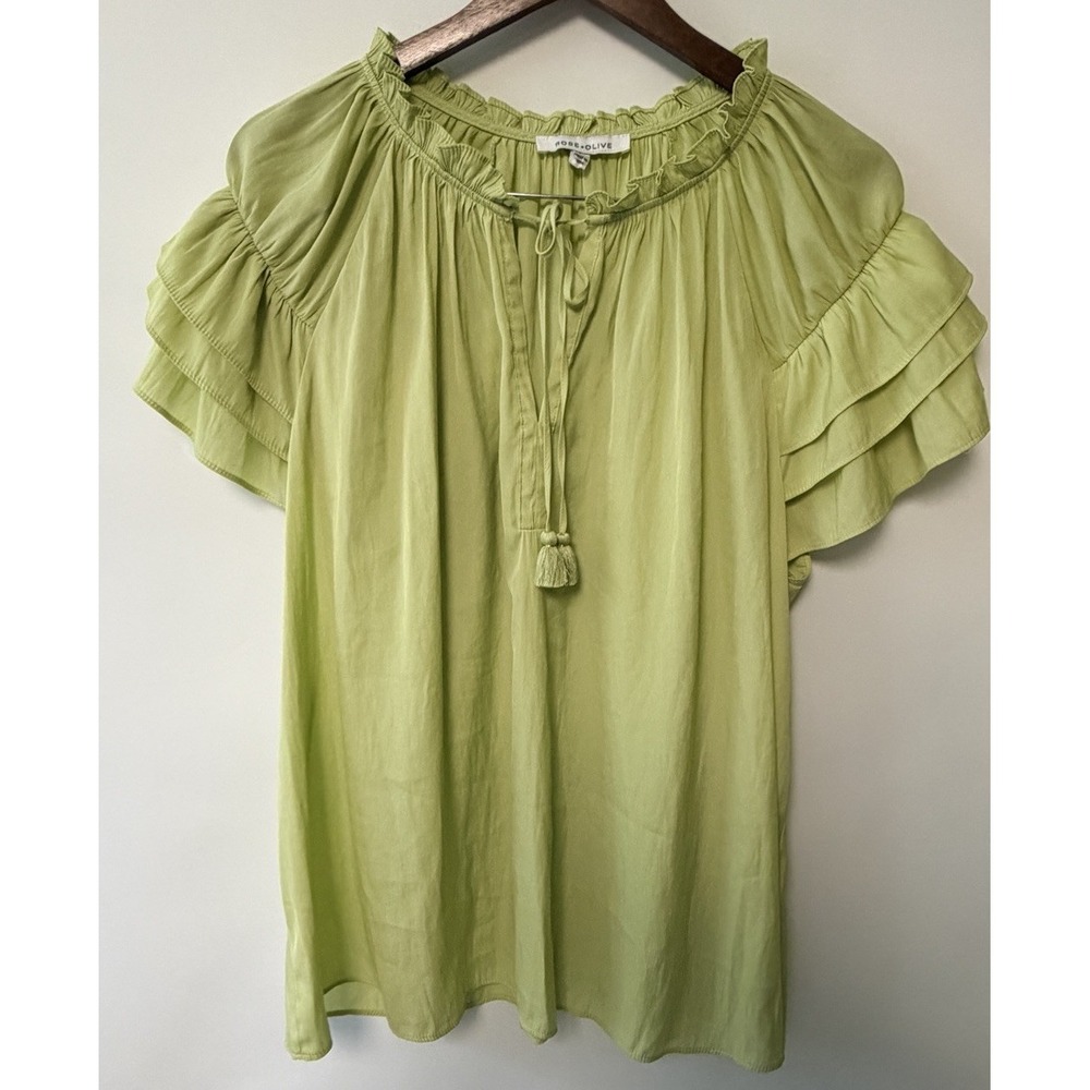 Rose + Olive Women's Shirt Ruffle Layered Sleeve Colorful Light Green Boho 2X